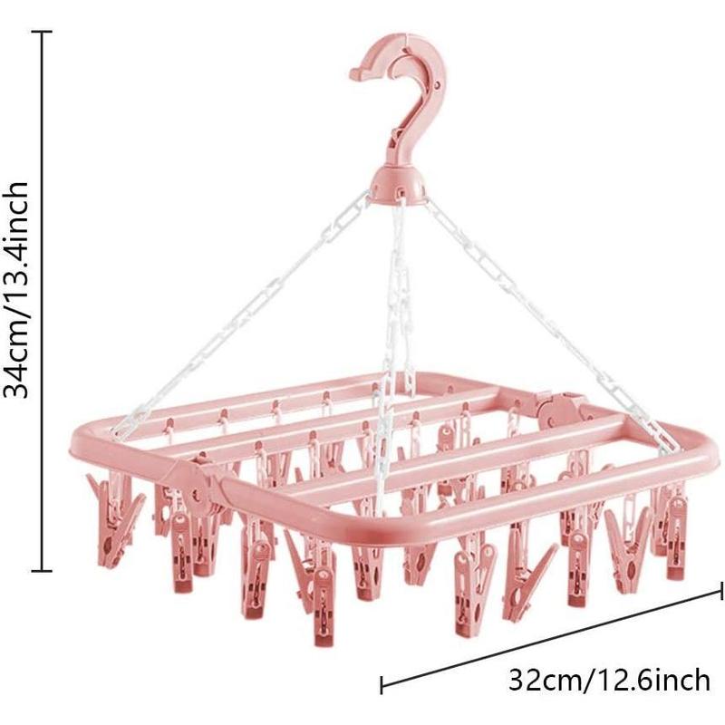 Clothes Drying Hanger with 32 Clips and Drip Foldable Hanging Rack (Light Pink)