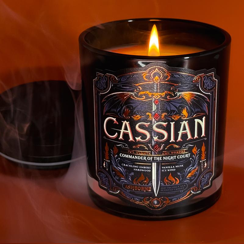 Cassian - ACOTAR inspired 8oz Scented Candle - Crackling Embers, Icy Wind, Vanilla Musk, Hard Wood - Natural Coconut Wax - 35 h Burn Time - Premium Foil Label