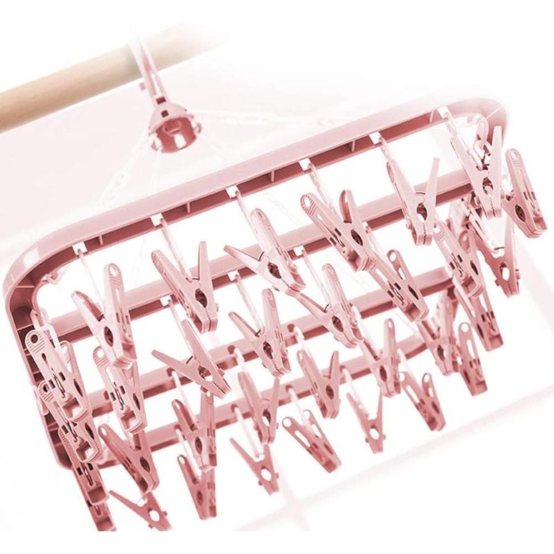 Clothes Drying Hanger with 32 Clips and Drip Foldable Hanging Rack (Light Pink)