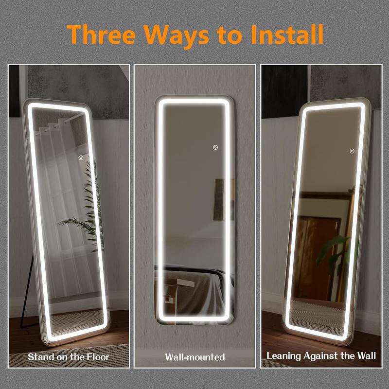 Floor Mirror with LED Light, 64” x 21” Full Length Mirror with Stand, Hanging Mirror Wall Mounted Mirror with Dimming & 3 Color Lighting, Full Body Mirror for Living Room Bedroom