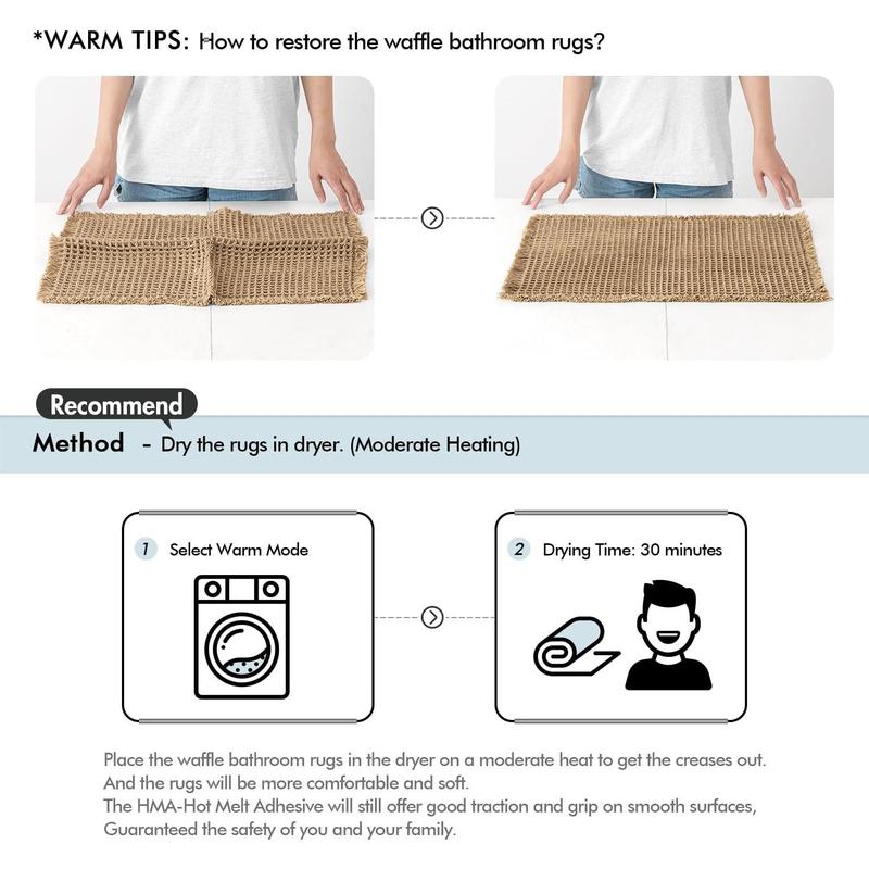 Set of 2 Waffle Bathroom Rugs, Boho Bath Rugs Non Slip Washable, Super Absorbent Bath Mats, Ultra Soft Rubber Backed Shower Mats for Bathroom Floor, Tub and Shower, Light Grey, 17x24 Inch