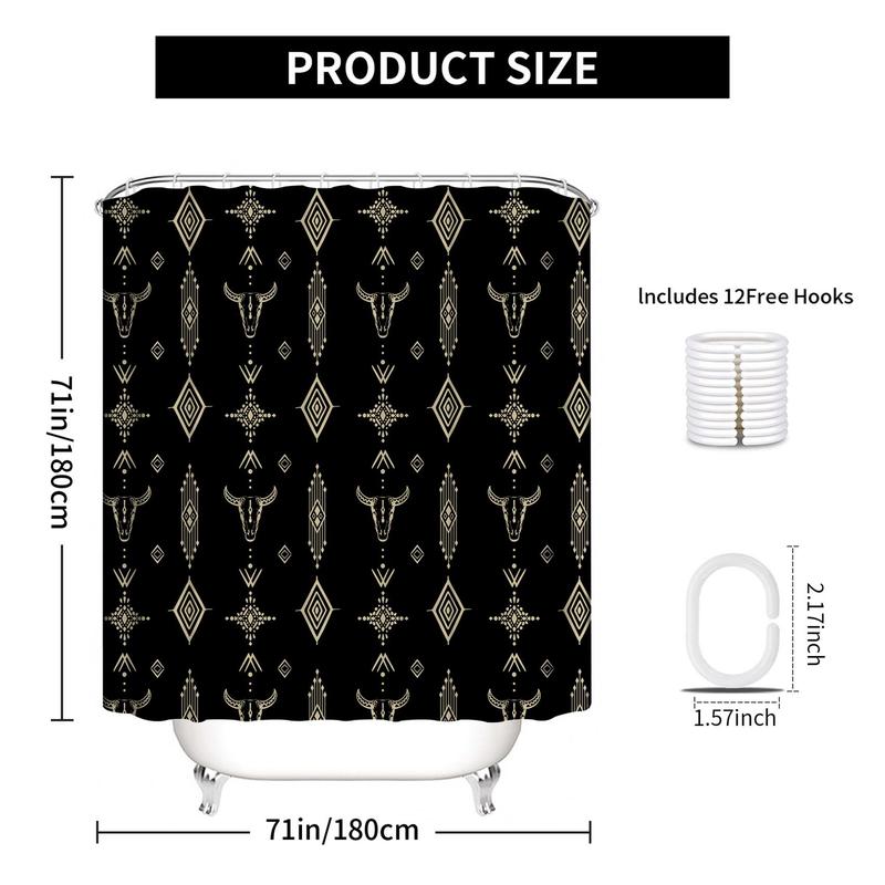 Boho Style Ox Head Pattern Shower Curtain, 1 Count Modern Waterproof Bathroom Curtain with 12pcs Hooks, Bathroom Decor Supplies for Home Hotel