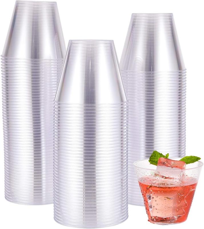 9 oz Clear Disposable Plastic Cups, 100 Pack Clear Plastic Cups Tumblers, Heavy-duty Party Glasses, Disposable Cups for Thanksgiving, , Christmas Party