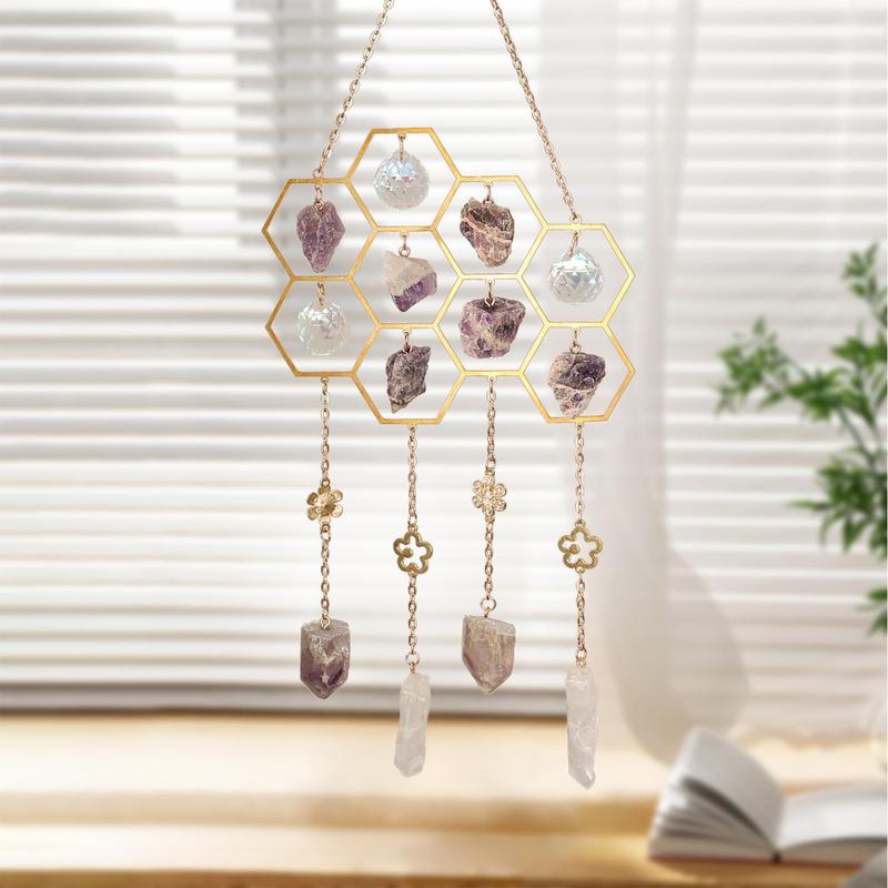 Honeycomb Crystal Stone Sun Catcher, 1 Count Sun Catcher Hanging Decoration, Wind Chime for Home Living Room Courtyard Garden Window