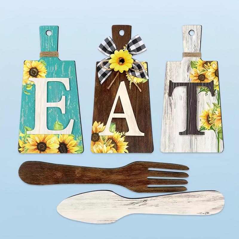 Wooden Kitchen Decoration Plaque, 5 Counts set Eat Letter & Sunflower Pattern Hanging Wall Art, Wall Decor for Home Kitchen Dining Room