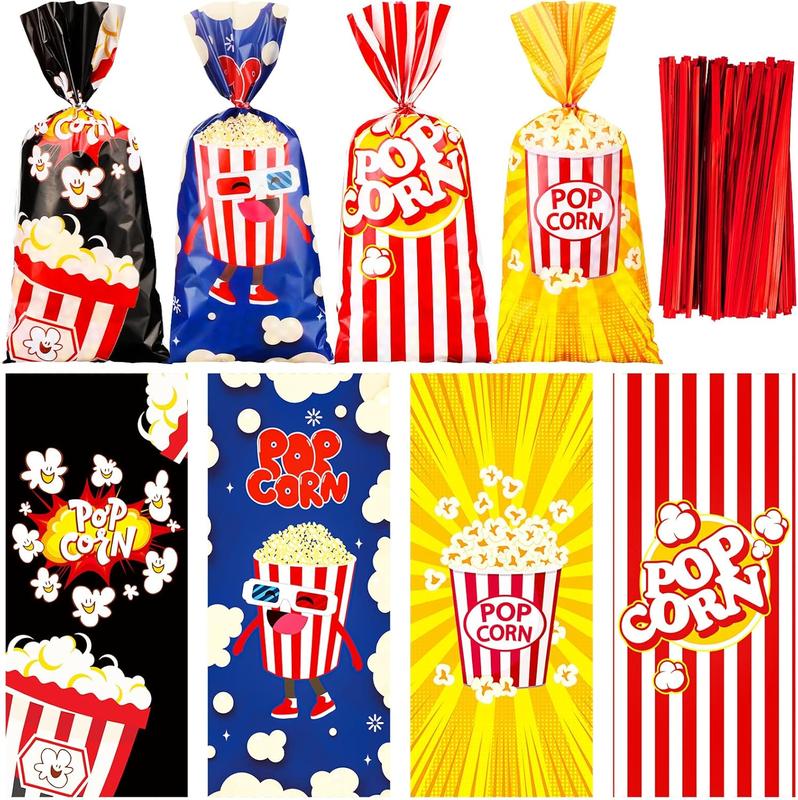 100 count Popcorn Bags for Party, Popcorn Treat Bags Set, 100 count Candy Bags Red White Stripe Cookie Snacks Bags with 150 Red Twist Ties for Circus Carnival Birthday Party Favor (Cute Style)