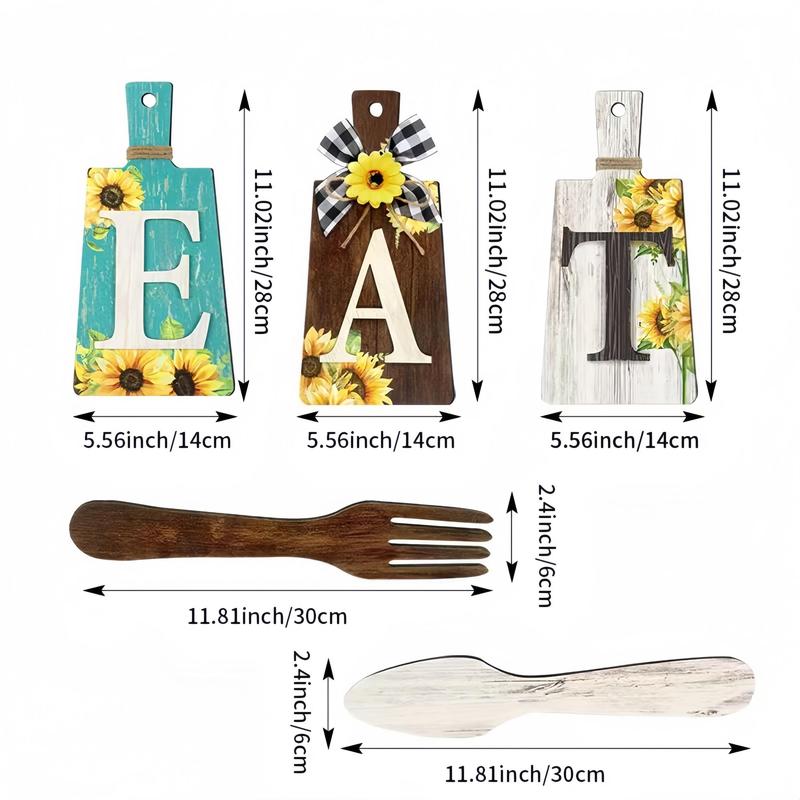 Wooden Kitchen Decoration Plaque, 5 Counts set Eat Letter & Sunflower Pattern Hanging Wall Art, Wall Decor for Home Kitchen Dining Room