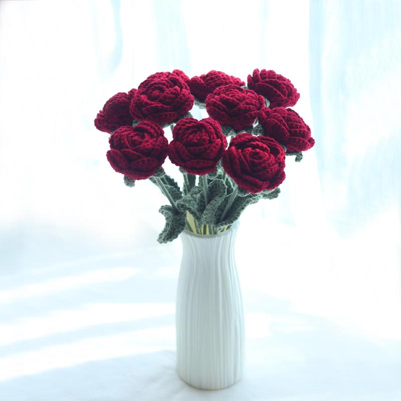 Crochet Rose Artificial Flower, 10pcs set Handmade Knitting Rose, Decorative Flower for Home Party Wedding Office Festival