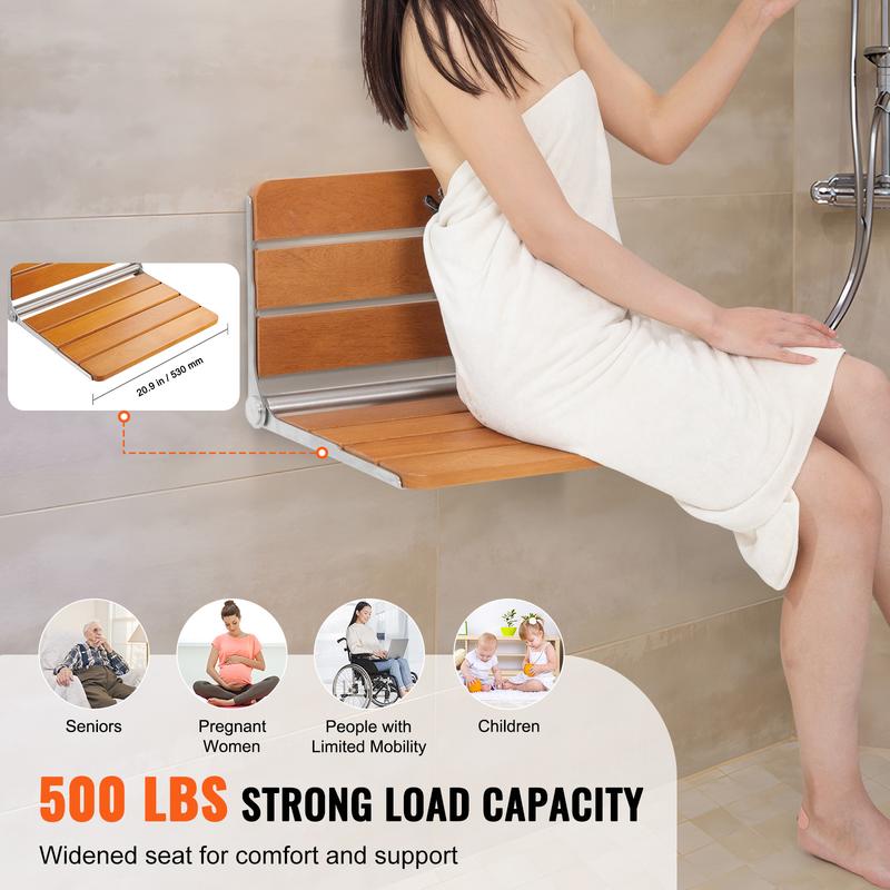 VEVOR Folding Teak Shower Seat, 20.9 x 16'' Unfolded, Wall Mounted Fold Up Shower Bench with 500 lbs Load Capacity, Space Saving Home Care Fold Down Shower Chair, for Seniors Pregnant Women Children Smooth Stainless