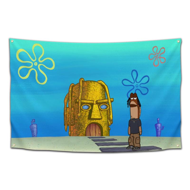 Travis Spongebob Funny Meme 28x40inches Flag, Wall Tapestry, USA flag hot, Flag Indoor and Outdoor Decoration, 2 Side, 4 Brass Grommets, Travel, Events, Festivals, Room Decor, Wall Tapestries, Fan Art