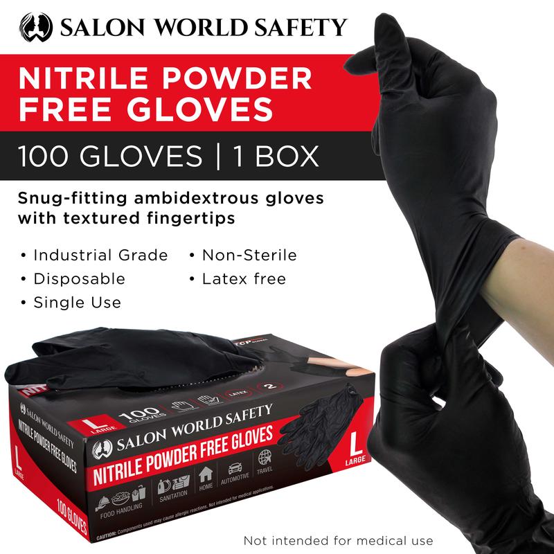 Salon World Safety Black Nitrile Disposable Gloves, Box of 100, Size Large, 5.0 Mil - Latex Free, Textured, Food Safe Cleaning