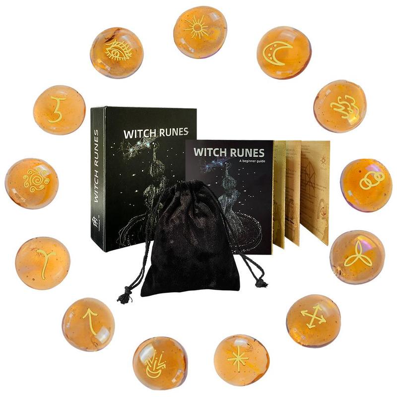 Witch Runes Set, 1 Set Glass Divination Stone with Storage Bag & Guidebook, Party Supplies for Mystical Gatherings, Witchcraft Gift Kit for Adults