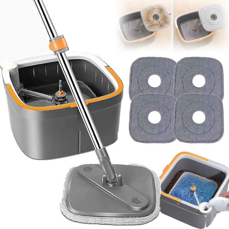 Spin Mop and Bucket with  Self Separation Dirty and Clean Water System, Self Wringing 360° Rotating Clean Mop-Head for Hardwood Tile Marble Floors ，Comes with 4 washable and reusable microfiber pads