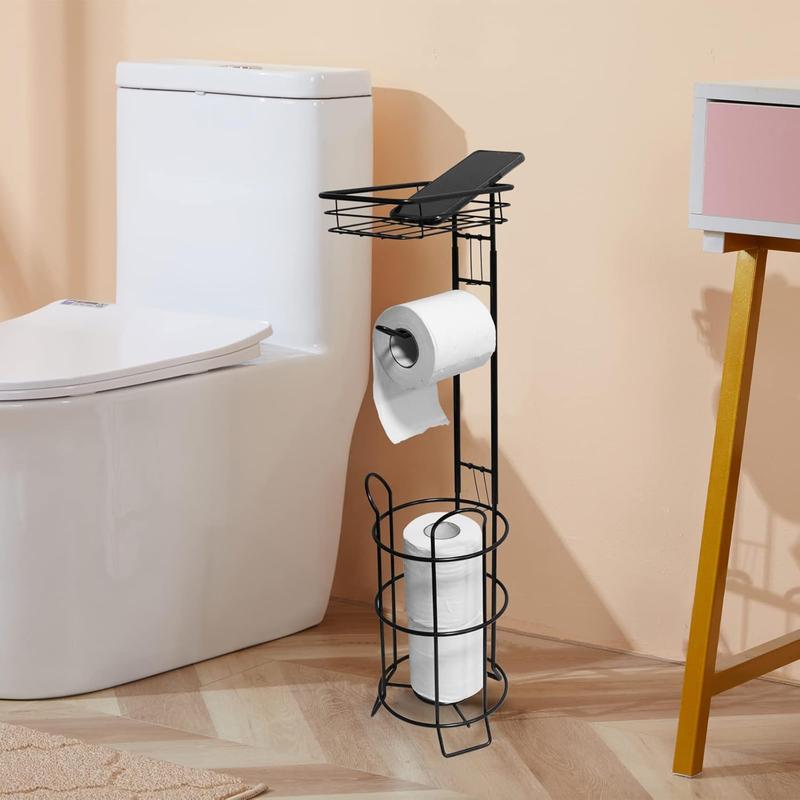 Toilet Paper Holder Stand Bathroom Toilet Paper Storage with Raised Base, Tissue Paper Roll Dispenser with Top Shelf (Black) Organiser Rack