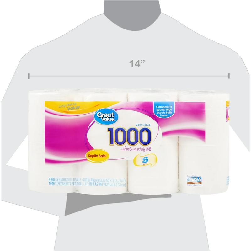 Great Value 1,000 Sheets per Roll Toilet Paper, 8 Rolls