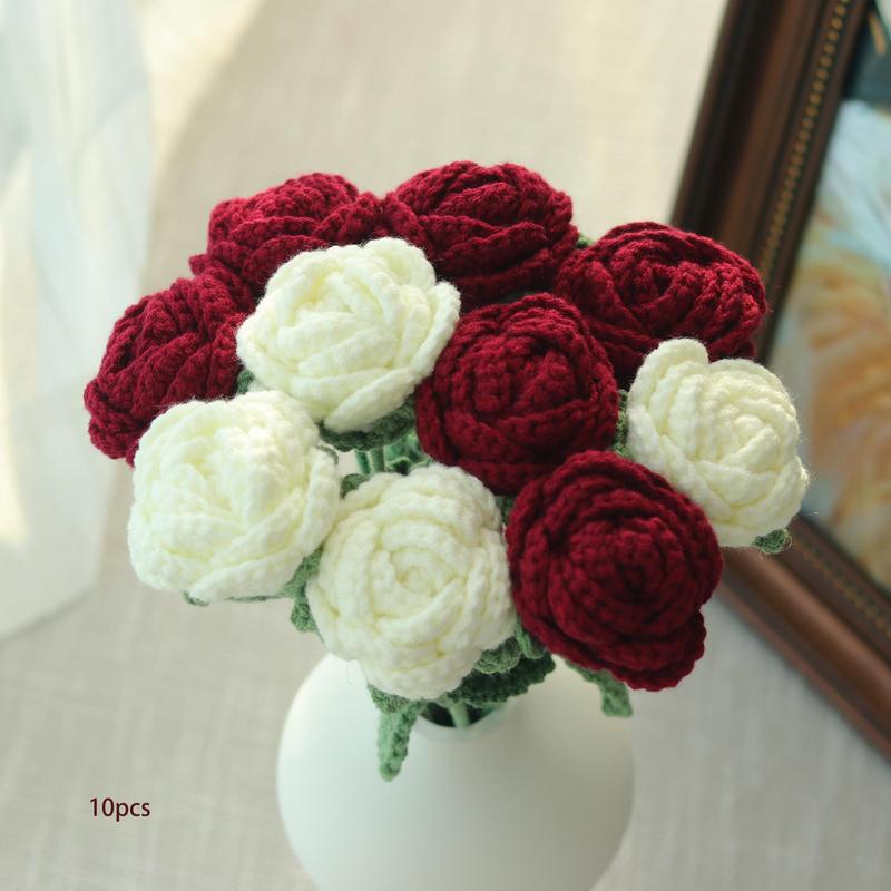 Crochet Rose Artificial Flower, 10pcs set Handmade Knitting Rose, Decorative Flower for Home Party Wedding Office Festival