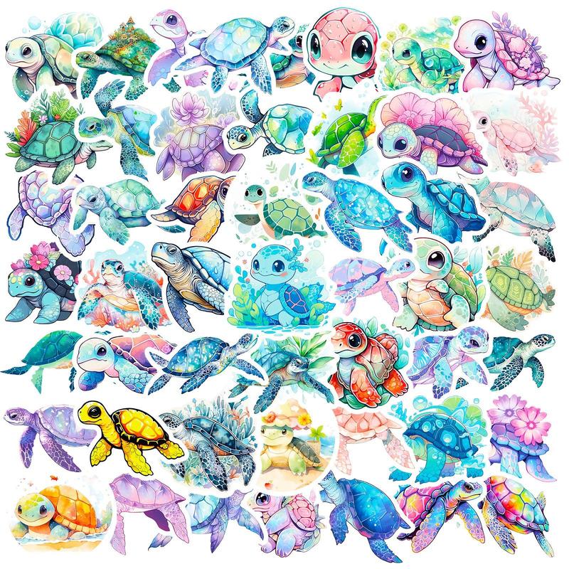 50pcs Set Cartoon Turtle Series Pattern Sticker, Waterproof Self Adhesive Decor Paper, Decor Sticker for Gift Greeting Card Water Bottle Laptop Phone