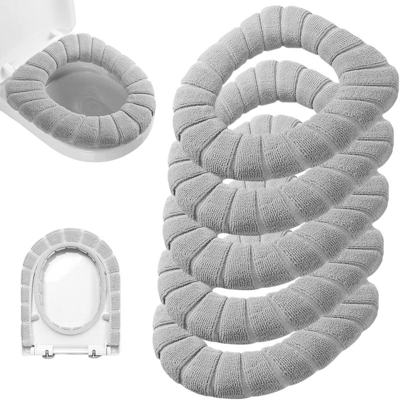 5 Pack Thicker Bathroom Toilet Seat Cover Pads- Soft Warmer Toilet Seat Cushion Cover Stretchable Washable Fiber Cloth, Easy Installation Comfortable Toilet Lid Seat Cover(Knitted Style)