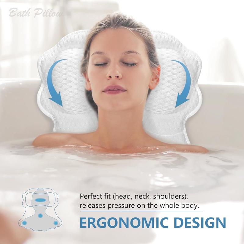 Bath Pillow, Relaxing Bath Pillows for Tub Neck and Back Support Soft 4D Breathable Air Mesh Ergonomic Bathtub Pillow with 6 Strong Suction Cups and Hook Luxury Bathroom accessories,White