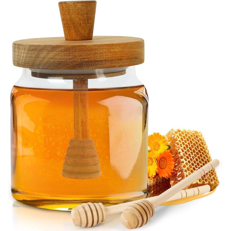 Honey Pot with Dipper & Lid, 1 Count Glass Honey Jar with 2 Wooden Honey Dippers Stick, Airtight Syrup Dispenser for Home Kitchen