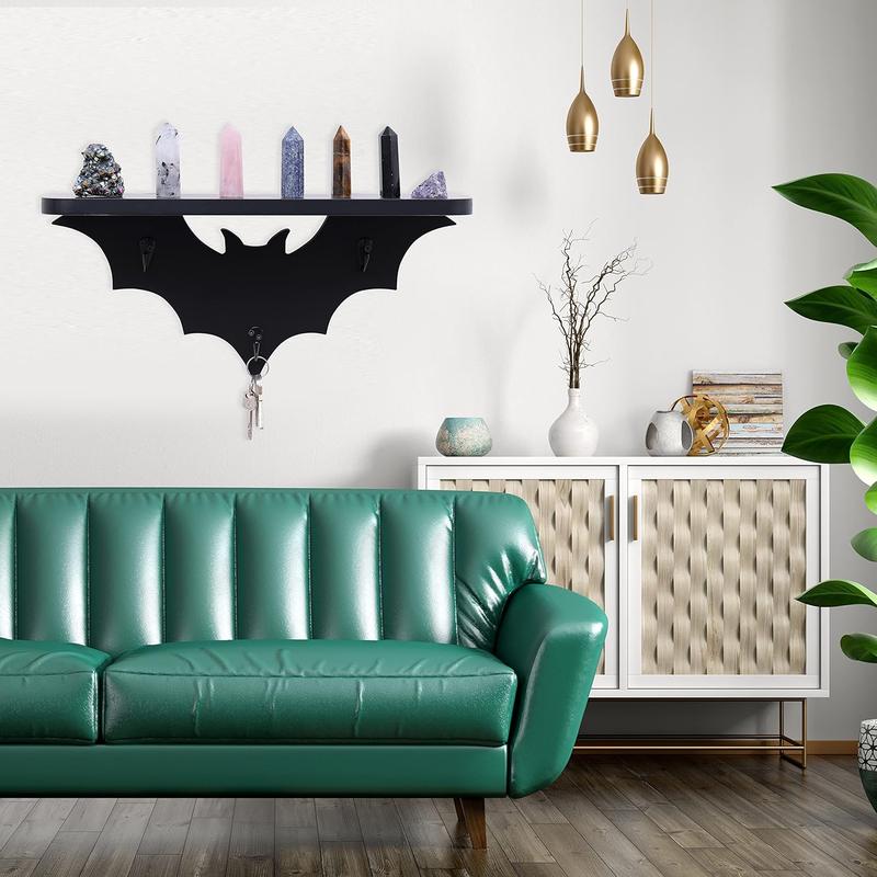 Bat Shelf Floating Black Wall Shelves for Bedroom-Halloween Wall Decor, Goth Room Decor-Black Hanging Shelves with 3 Key Hooks