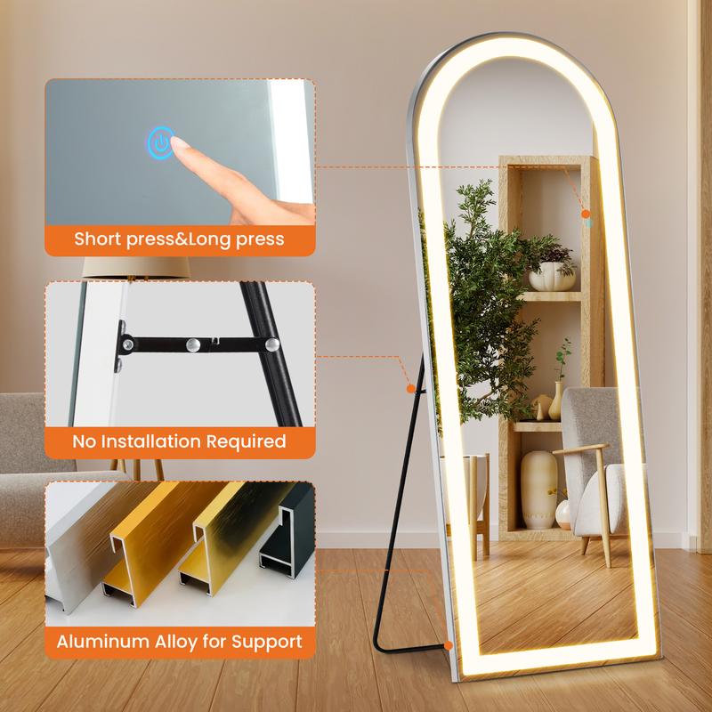 Sweet Furniture F Floor Mirror Stand Mirror Full Length with LED Lights, Floor Mirror Dimming & 3 Color Lighting, Large Mirror Full Length Aluminum Alloy Thin Frame for Bedroom, Dressing Room