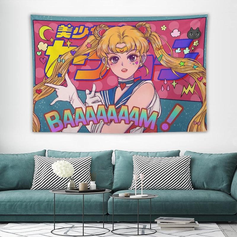 Japanese Anime Kawaii Tapestry Sailor-M Tapestry Moon Pink Tapestry Cute Art Tapestry Poster Wall Hanging Curtain Decor Bedroom Home Living 60x40in