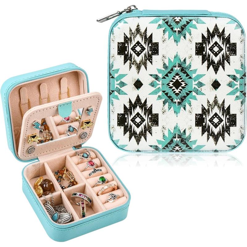 Western Jewelry Box Case Gift Aztec Print Travel Jewelry Organizer Christmas Gifts for Teen Girls Cowgirl Stuff Small Portable Travel Accessories for Women (Aztec) Set