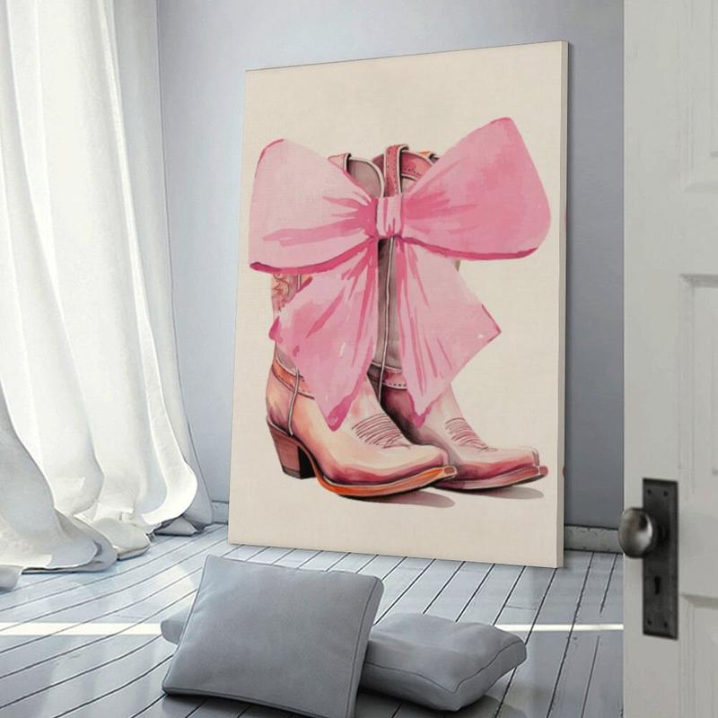 Pink Cowgirl Bow Poster, Cowgirl Room Decor, Bow Room Decor, Preppy Western Wall Art Canvas Painted Pink Cowboy Boots Poster Suitable for Girls Room Dorms