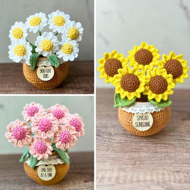 Crochet Flower Plant, Crochet Sunflower Gift Decor, Crochet Plant in Pot, Encouragement Daily Positive Affirmation, Tulip Rose Daisy Crochet, Crochet Gift