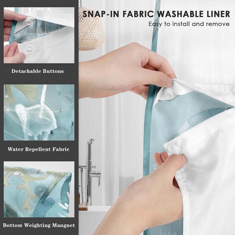 No Hook Nautical Teal Sea Turtles Shower Curtain with Snap in Fabric Liner Set, Ocean Beach Double Layers Waterproof Fabric with See Through Top Window Open Grommet Bath Curtain 71x74 Inch