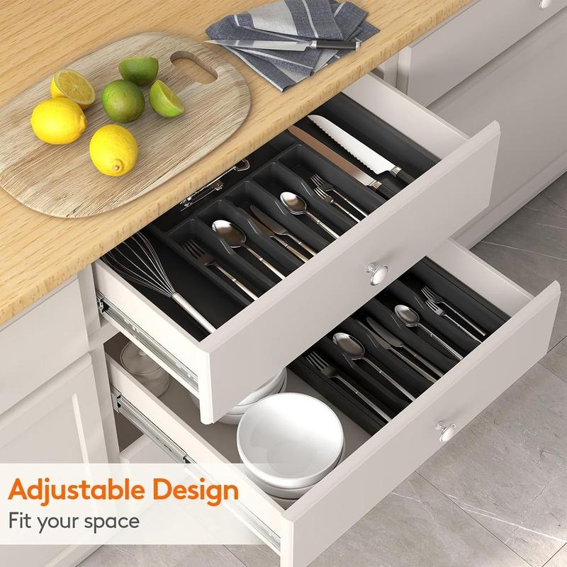 Expandable Kitchen Utensil Drawer Organizer, Cutlery Organizer with 8 Compartments Large Cutlery Organizer Tray for Forks & Knives, Glasses, Chopsticks, BPA Free Durable PP Material, Must Have for Home & Kitchen, Restaurant Silverware Place Holder Boxes