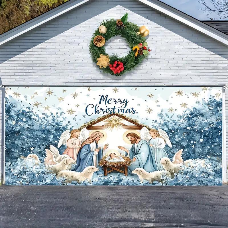 Merry Christmas Themed Garage Door Cover, Nativity Pattern Garage Door Banner, Outdoor Holiday Decoration for Home Garage