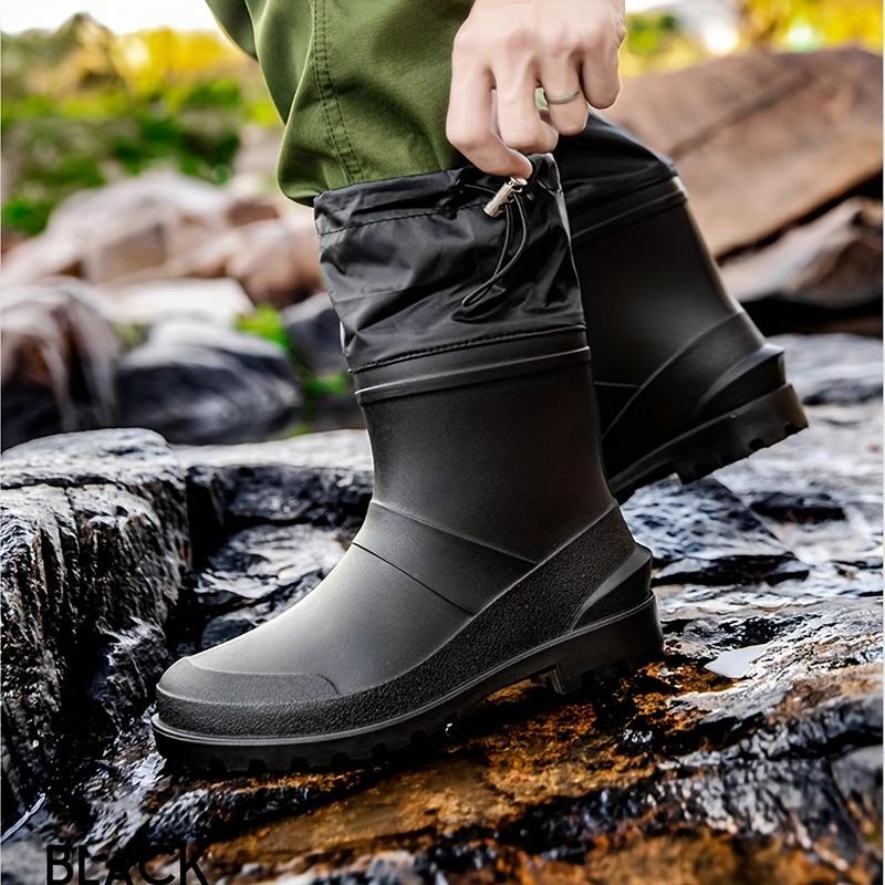 Casual Mid-Calf Rain Boots for Men - Solid Color All-Season Hiking Footwear, Water-Resistant PVC Upper with Non-Slip Sole, Fabric Inner, Round Toe, Slip-On Design with Drawstring Closure - Fishing & Work Rain Shoes