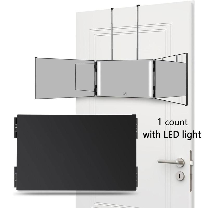 Foldable LED Light Up 3 Sided Makeup Mirror, Portable 3 Way LED Lighting Mirror for Self Hair Cutting, Wall Mounted or Door Hanging 360 Trifold Barber Mirror