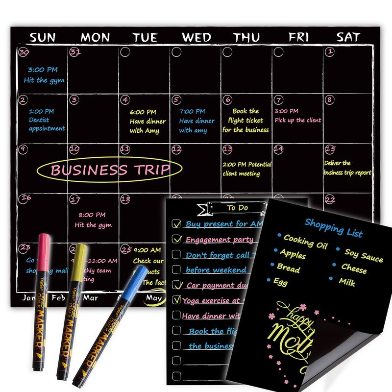 Magnetic Chalkboard Monthly Calendar with neon Bright Liquid Chalk Markers – Black Refrigerator Monthly Planning Board w Bonus - Grocery List and Notepad for Kitchen Refrigerator