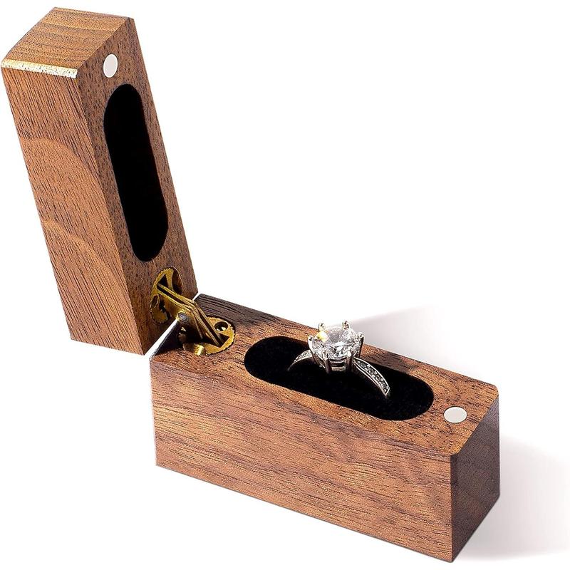 Wooden Engagement Ring Box Small Slim Flat Ring Case for Proposal,Wedding