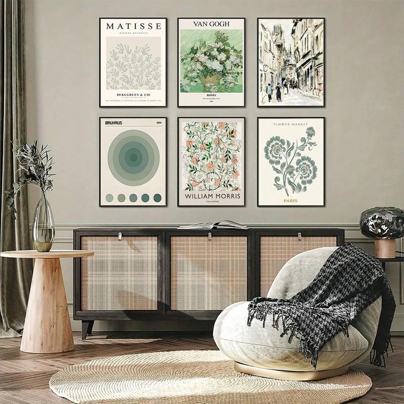 Unframed Sage Green Master Wall Art Prints for Room Decor, 6 Counts set Abstract Matisse Wall Art Exhibition Posters, Boho Art Prints, Retro Aesthetic Home Decor, Wall Decor, Bedroom Decor, Fall Decor, Men Gifts