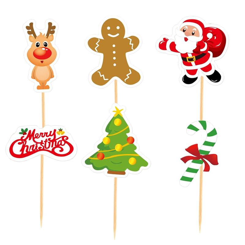 Christmas Themed Cupcake Topper, 24pcs set Cute Cartoon Cupcake Topper, Cake Decoration Supplies for Home Party Holiday