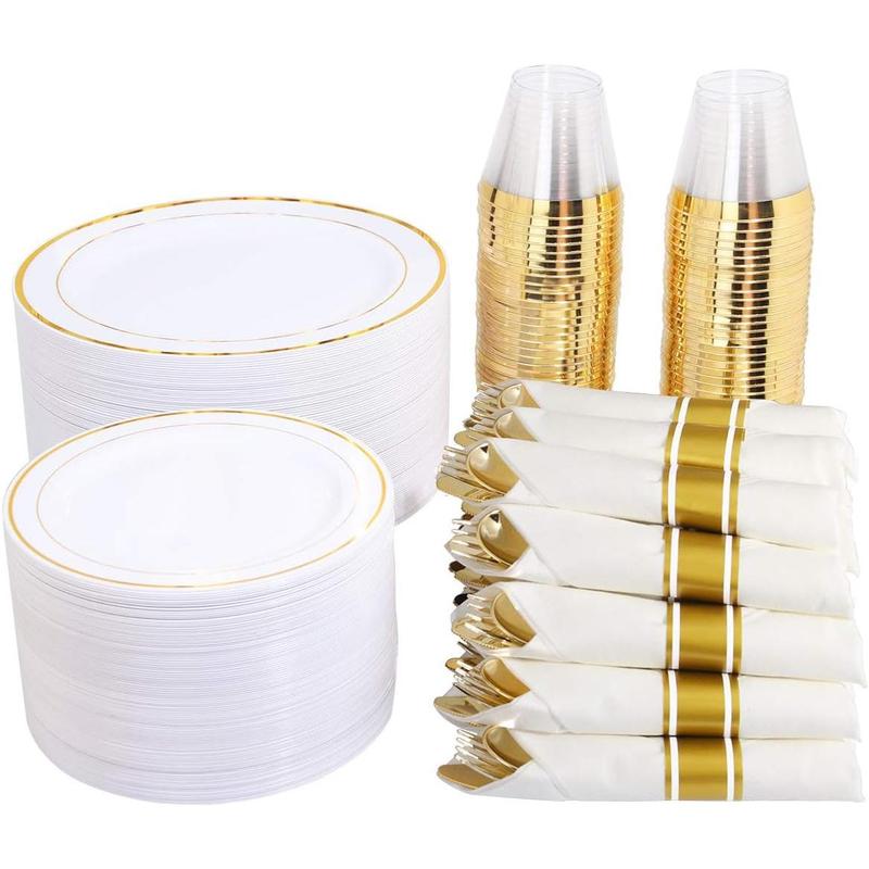 350 Pieces Gold Plastic Plates - Disposable Silverware and Cups, Include: 50 Dinner Plates 10.25”, 50 Dessert Plates 7.5”, 50 Gold Rim Cups 9 OZ, 50 Gold Cutlery for Thanksgiving