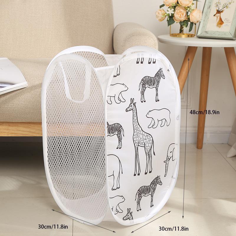 Foldable Mesh Clothes Storage Basket, Summer Cartoon Animal Print Dirty Clothes Basket, Laundry Basket, Household Storage Organizer for Bathroom, Bedroom, Dorm Essentials, Home Organizer Supplies, Christmas Gift