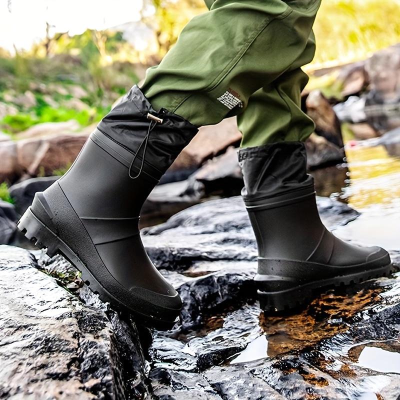 Casual Mid-Calf Rain Boots for Men - Solid Color All-Season Hiking Footwear, Water-Resistant PVC Upper with Non-Slip Sole, Fabric Inner, Round Toe, Slip-On Design with Drawstring Closure - Fishing & Work Rain Shoes