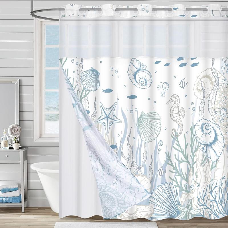 Ikfashoni Nautical Coastal No Hook Shower Curtain with Snap in Liner, Seashell Beach Shower Curtain with Liner, Hotel Shower Curtain, Ocean Themed Shower Curtains for Bathroom Decor, 72