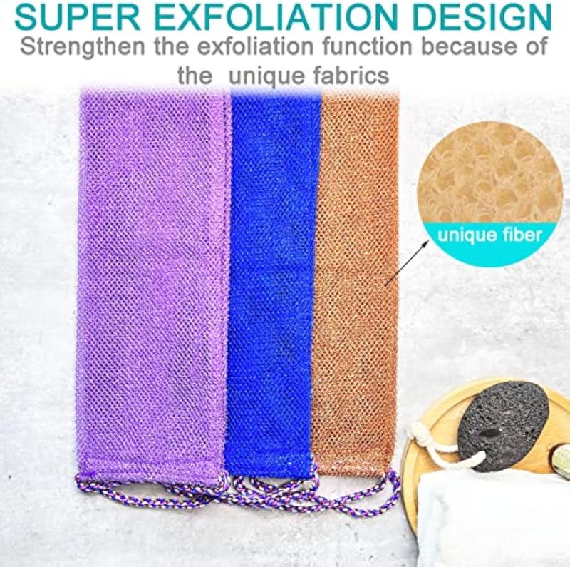 3 Pieces African Exfoliating Net Sponge, African Bathing Back Scrubbers, Shower Net Body Scrubber with Pull Strap (Blue Purple Coffee)