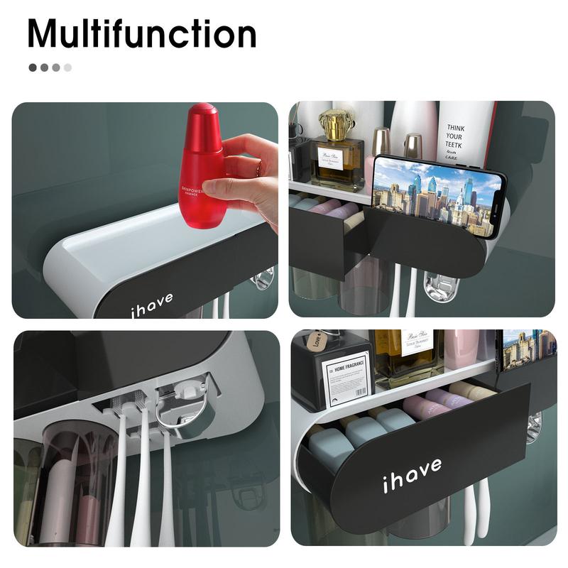 iHave Toothbrush Holders, 2 Cups Toothbrush Holder Wall Mounted with Toothpaste Dispenser Bathroom Accessories