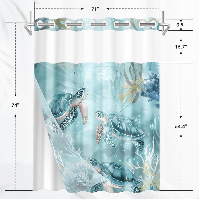 No Hook Nautical Teal Sea Turtles Shower Curtain with Snap in Fabric Liner Set, Ocean Beach Double Layers Waterproof Fabric with See Through Top Window Open Grommet Bath Curtain 71x74 Inch