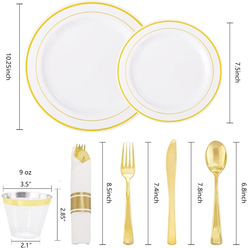 350 Pieces Gold Plastic Plates - Disposable Silverware and Cups, Include: 50 Dinner Plates 10.25”, 50 Dessert Plates 7.5”, 50 Gold Rim Cups 9 OZ, 50 Gold Cutlery for Thanksgiving