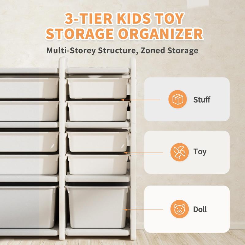 Kids Toy Storage Organizer 10 Removable Toy Bins 3 Cabinets, Multi-Purpose Toy Organizers and Storage, Enclosed Cabinets, Pull-Out Drawers, Kids Toy Storage for Playroom, Nursery, Bedroom