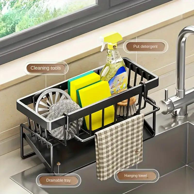 Stainless Steel Kitchen Sink Storage Rack, 1 Count Multifunctional Kitchen Countertop Storage Rack with Towel Holder, Kitchen Accessories