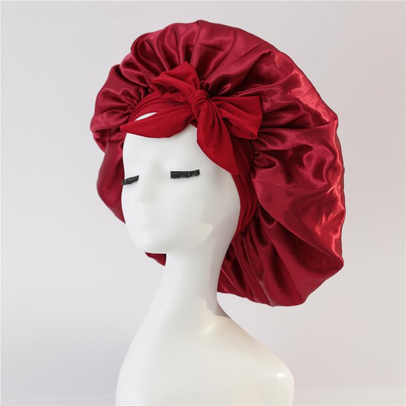 Black Color New Satin Sleeping Cap for Women Wide Elastic Band Shower Caps for Natural Long Curly Hair Bathroom Accessories